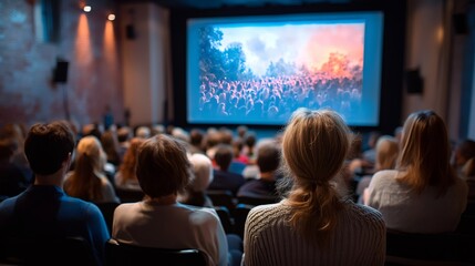 Audience watching movie about a concert in cinema theater