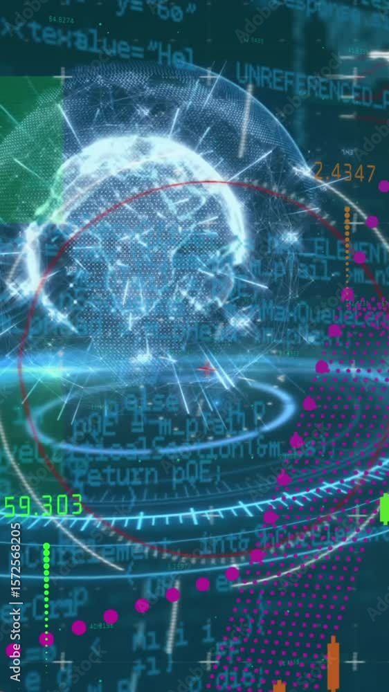 Poster animation of financial data over data processing and globe in navy space