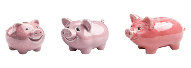 A collection of pink piggy banks for savings and investments, a financial concept isolated on a transparent background. PNG