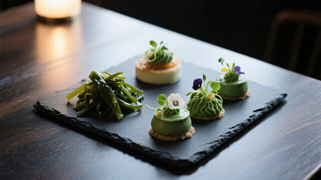 Top view of elegant marine-based dish featuring kelp, wakame and algae on black ceramic for high-end food styling