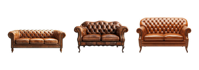 A collection of charming and plush vintage leather sofas isolated on a transparent background. PNG