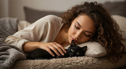 Peaceful woman sleeping in bed while petting black cat companion