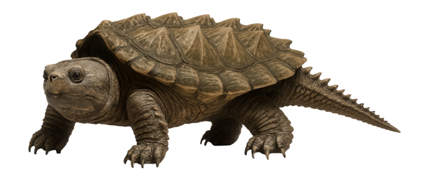 Snapping turtle with rugged, ridged carapace and long, spiked tail