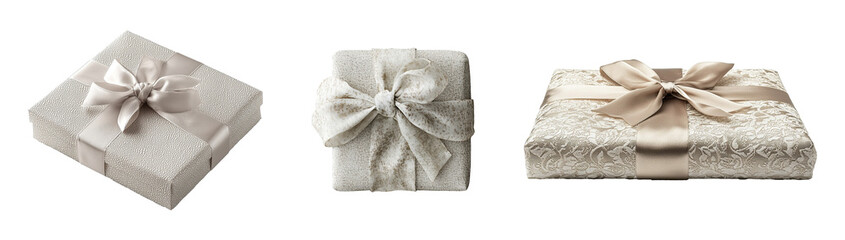 Set of beautifully wrapped gift box square isolated on transparent background, perfect for a wedding present package with a decorative bow. PNG