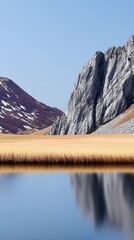 Sharp Rocky Mountain Skyline Reflected in a Still Meadow
