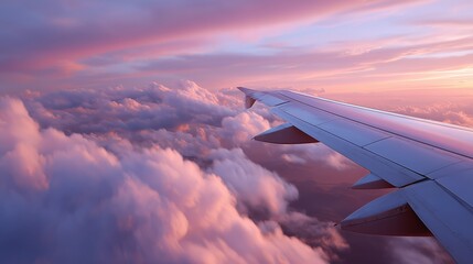 Obraz premium Stunning sunset view from an airplane wing above fluffy clouds during evening flight