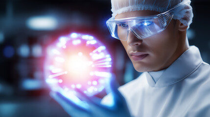 Male scientist analyzing a glowing digital Earth hologram symbolizing global networks and connectivity.
