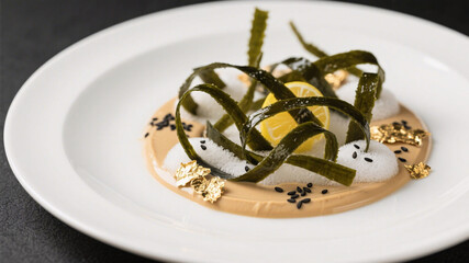 Fototapeta premium Modernist food art with clean white space and structured marine shapes, reflecting high-end eco-forward food direction