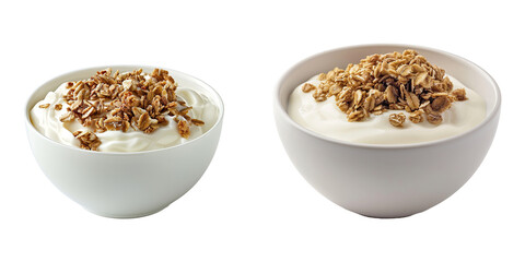 Set of white yogurt bowls with crunchy granola toppings perfect for a healthy breakfast, isolated on a transparent background. PNG