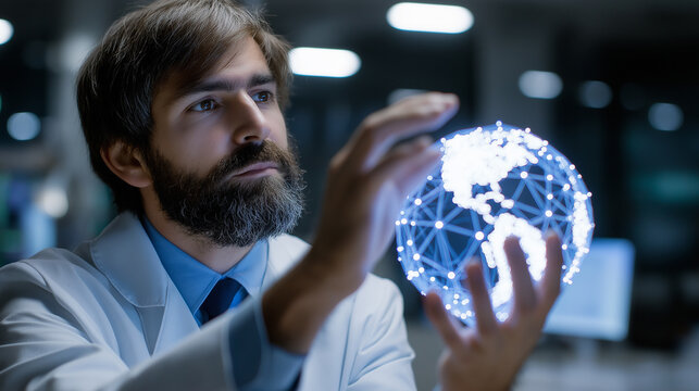 Male scientist analyzing a glowing digital Earth hologram symbolizing global networks and connectivity.
