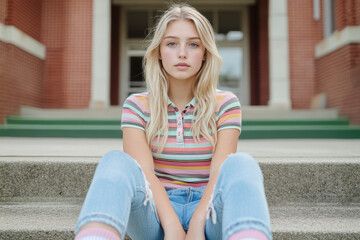 Blond teenager relaxing on school steps, contemplating quietly during midday break, wearing casual clothes and backpack