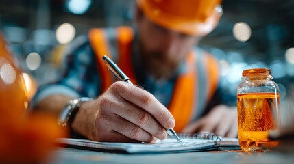 Construction worker documenting site progress industrial setting professional photo close-up view