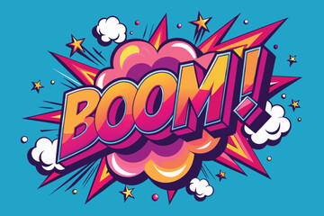 Dynamic and vibrant comic book style illustration featuring a bold boom word effect against a bright blue background