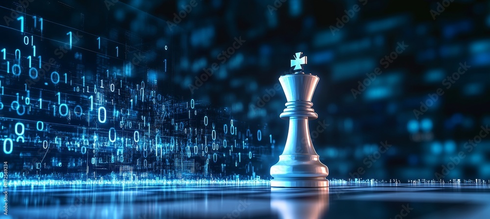 Aufkleber chess pieces merging with binary code in a digital landscape, symbolizing strategic intelligence