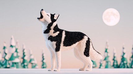 Siberian Husky Howling at Full Moon in Snowy Landscape