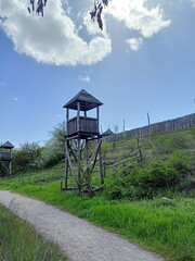 Panorama of the ancient wooden watchtowers of the Zaporizhian Cossacks that guarded the Zaporizhian Sich from the invasion of uninvited guests.