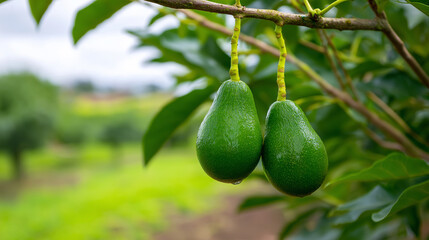 Close-up of green avocados growing on a tree with sun rays shining through the leaves.
