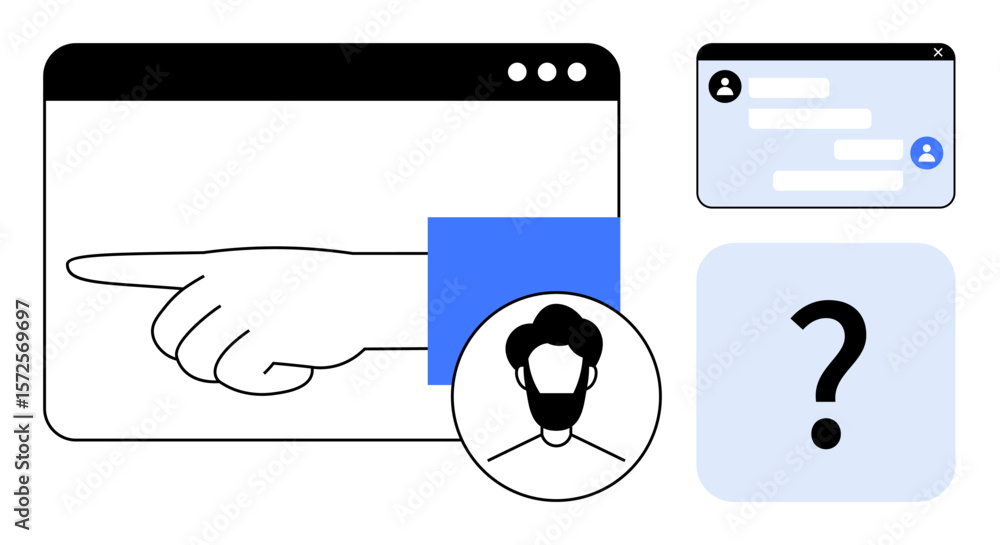 Poster hand pointing on a browser interface, user profile photo, chat dialog box, and question mark. ideal 