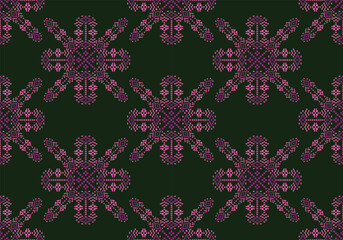 This pixel fabric showcases an intricate star-like pattern in shades of pink and magenta against a dark green backdrop. The symmetrical design evokes a sense of balance and folk  art elegance.