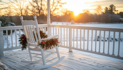 White rocking chair adorned with a christmas wreath, basking in the glow of a stunning winter sunset on a snowy porch