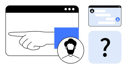 Hand pointing on a browser interface, user profile photo, chat dialog box, and question mark. Ideal for user guidance, help desk, communication, support, interaction interface simple landing page
