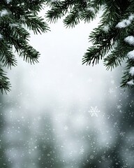 Obraz premium A peaceful snowfall in a pine forest, with snowflakes gently resting on evergreen branches,