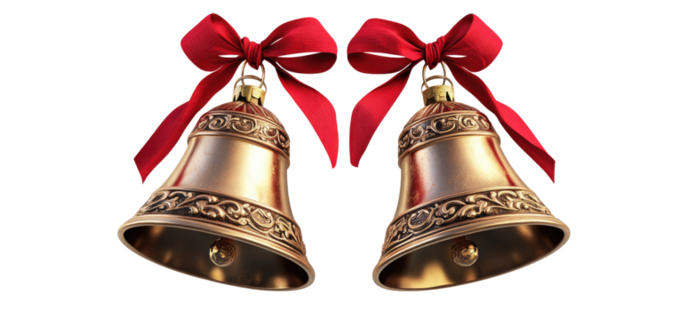 Two golden Christmas bells with red ribbons