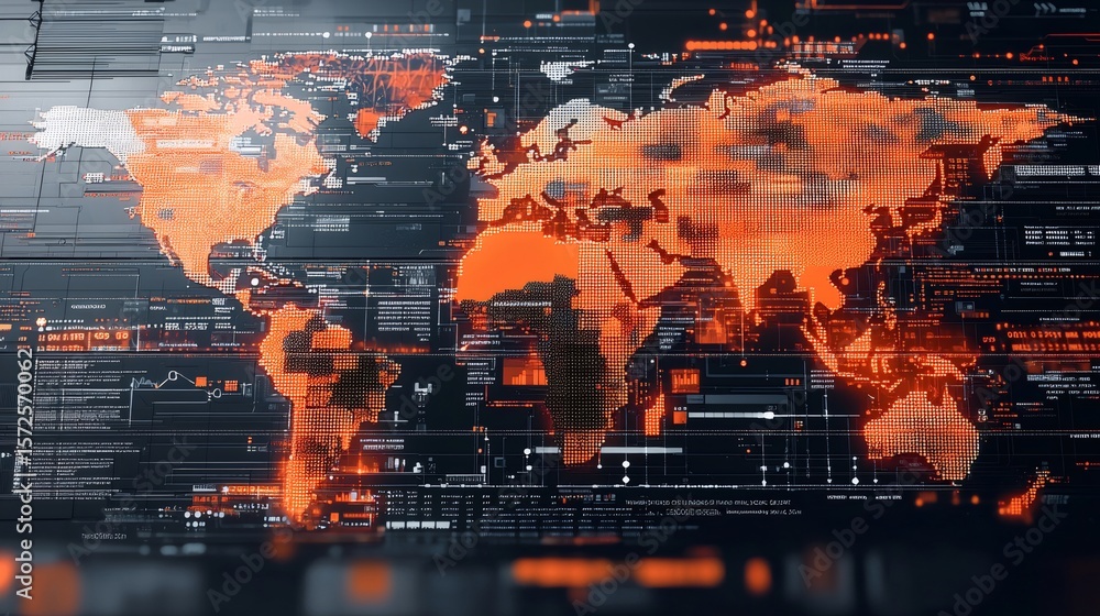 Poster global digital network connecting world map with futuristic data analysis
