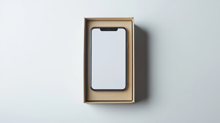 smartphone with blank white screen laying in open cardboard box on pink background, representing online shopping and delivery