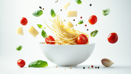 Delicious spaghetti with cherry tomatoes, garlic and basil leaves flying above a white bowl on a white background