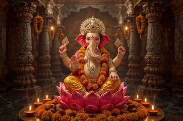 Hindu lord Ganesha temple spiritual art deity religious decoration golden elephant god ornate illustration
