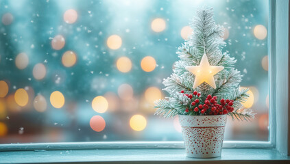 Snow-covered window sill hosting decorated potted evergreen with sparkling star ornaments, evoking festive winter home warmth