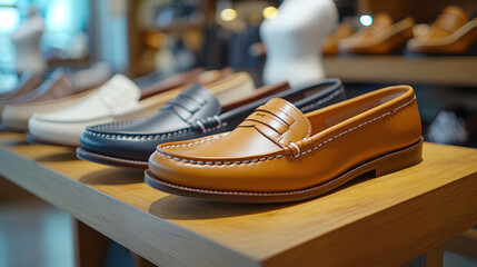Stylish loafers displaying diverse colors, textures lined up neatly on pristine white shelf in contemporary shoe store interior