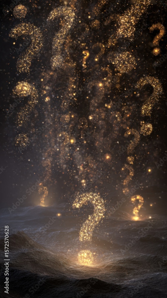 Poster ethereal depiction of floating shimmering question marks lighting up a dark space representing the s