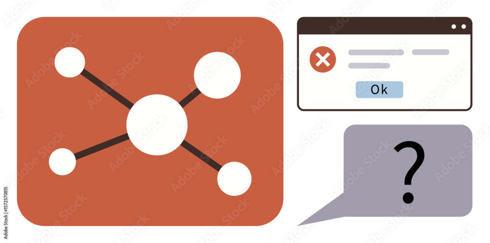 Poster network diagram with interconnected dots, error dialogue box, and speech bubble featuring a question