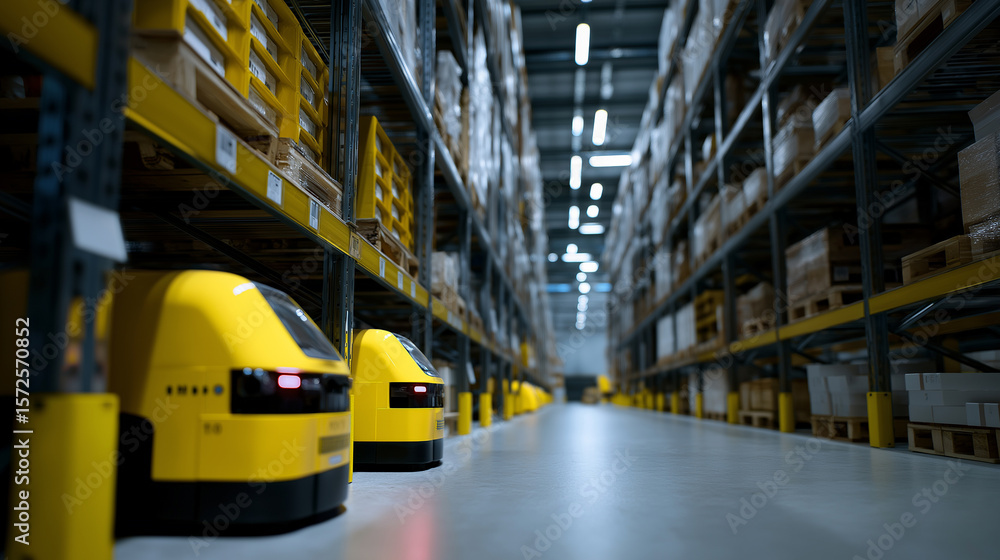 Poster automated warehouse with autonomous robots navigating aisles filled with yellow storage bins.