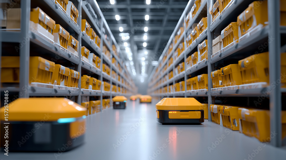 Poster automated warehouse with autonomous robots navigating aisles filled with yellow storage bins.