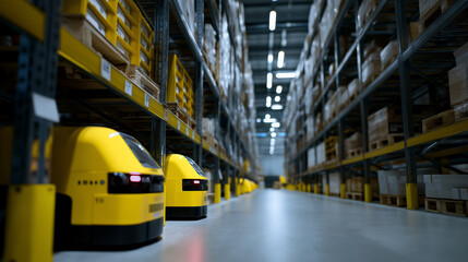 Automated warehouse with autonomous robots navigating aisles filled with yellow storage bins.
