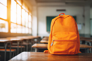 orange backpack on the classroom table embodies the themes of learning. Back to school