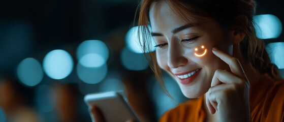 Joyful woman interacting with smartphone urban setting candid capture nighttime positive vibes
