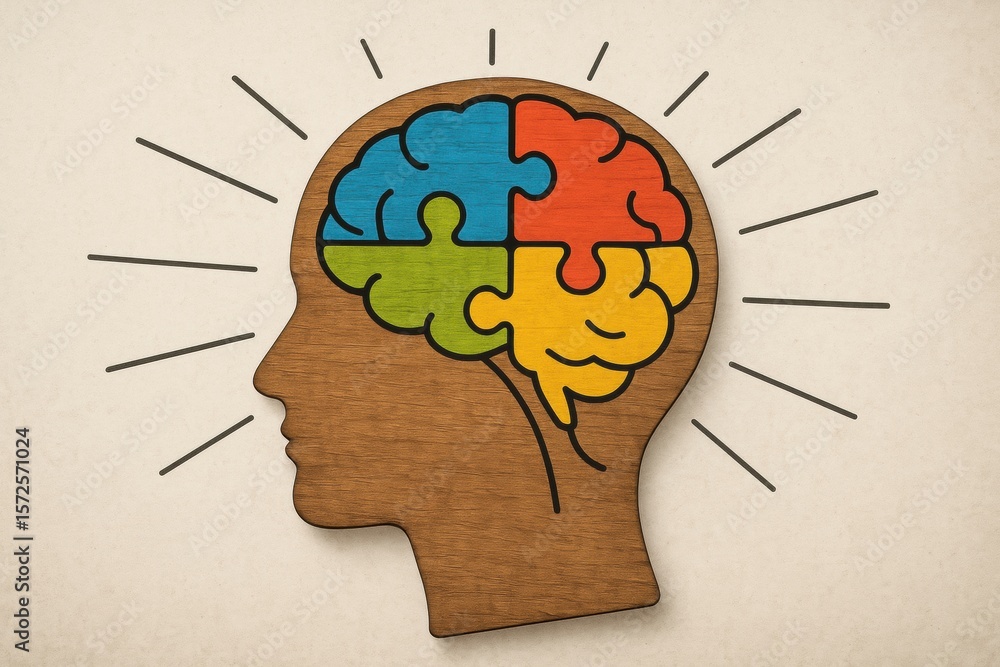 Poster creative representation of a human head with puzzle pieces symbolizing intelligence and problem-solv