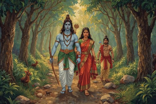 Lord Shiva Parvati forest hindu mythology divine couple spiritual religious art illustration
