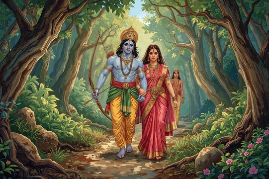 Shiva Parvati in forest hindu deity mythology divine couple spiritual religious artwork
