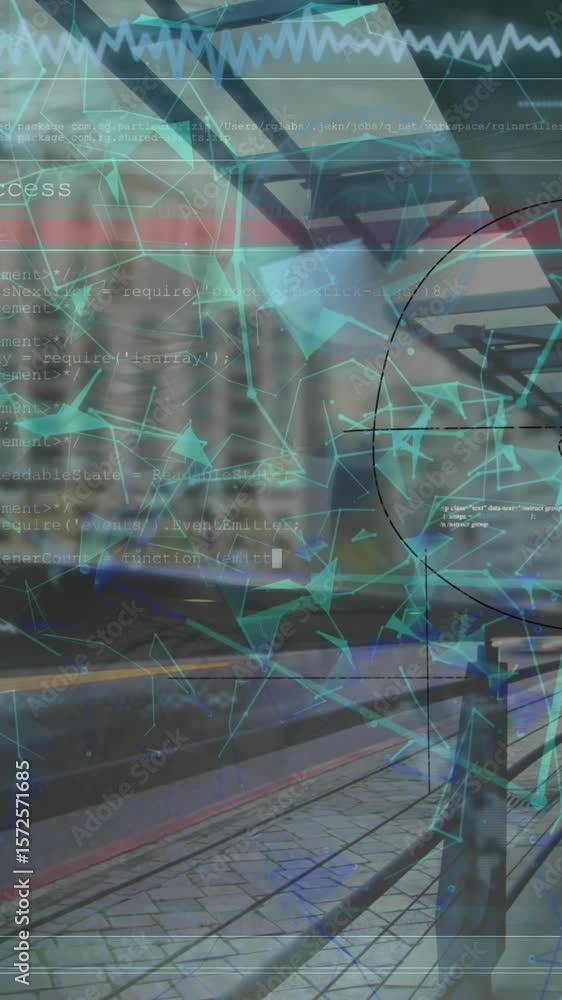 Poster animation of data processing over modern building and cityscape