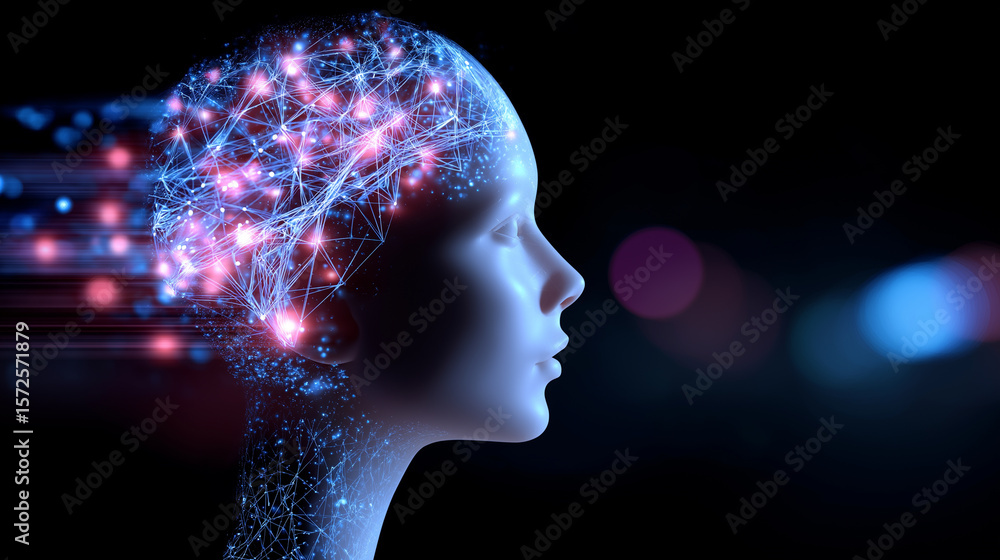 Poster a futuristic digital rendering of a human head shows glowing connections and neural pathways, symbol