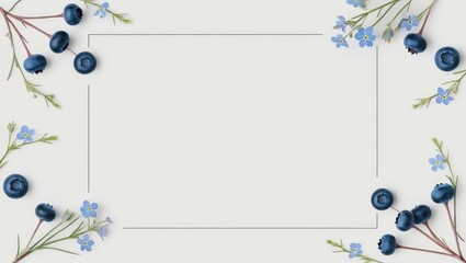 Elegant frame adorned with fresh blueberries and delicate forget-me-not flowers, perfect for invitations or product presentations