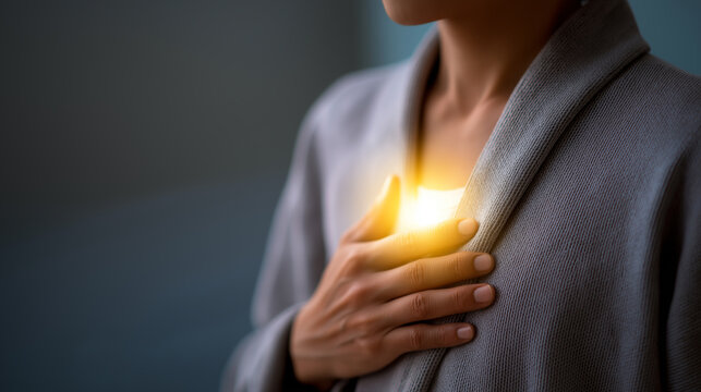 A person places their hand over their chest where a warm glowing light emanates, symbolizing love, energy, or inner strength.