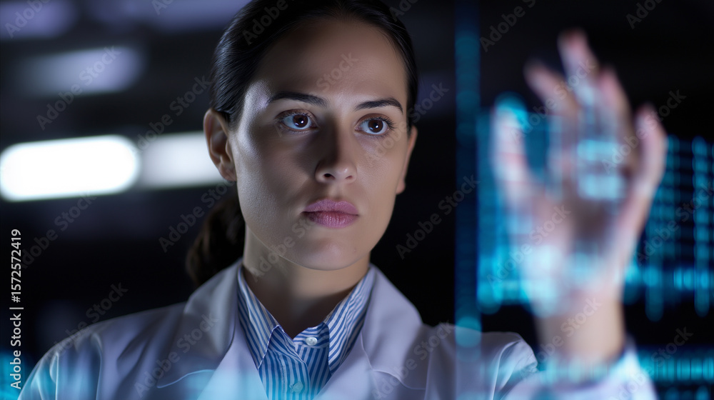 Poster a focused female scientist in a lab coat interacts with a futuristic virtual screen displaying digit