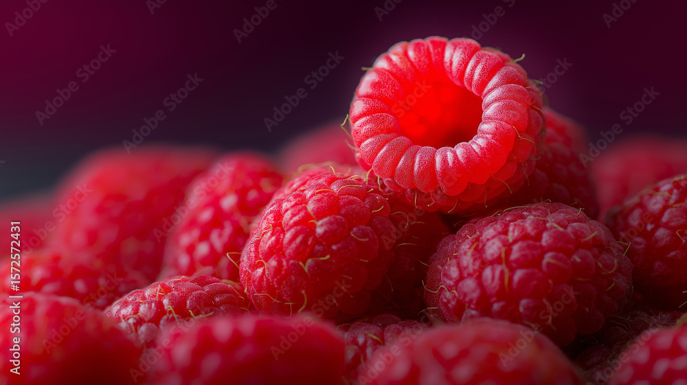 Poster a pile of ripe raspberries is crowned with a single raspberry in sharp focus, showcasing their delic