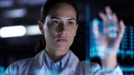 A focused female scientist in a lab coat interacts with a futuristic virtual screen displaying digital data and holographic charts.